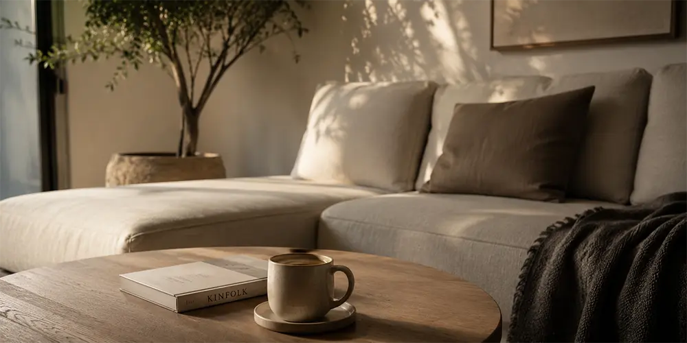 Salón con un sofá y una mesa con un café